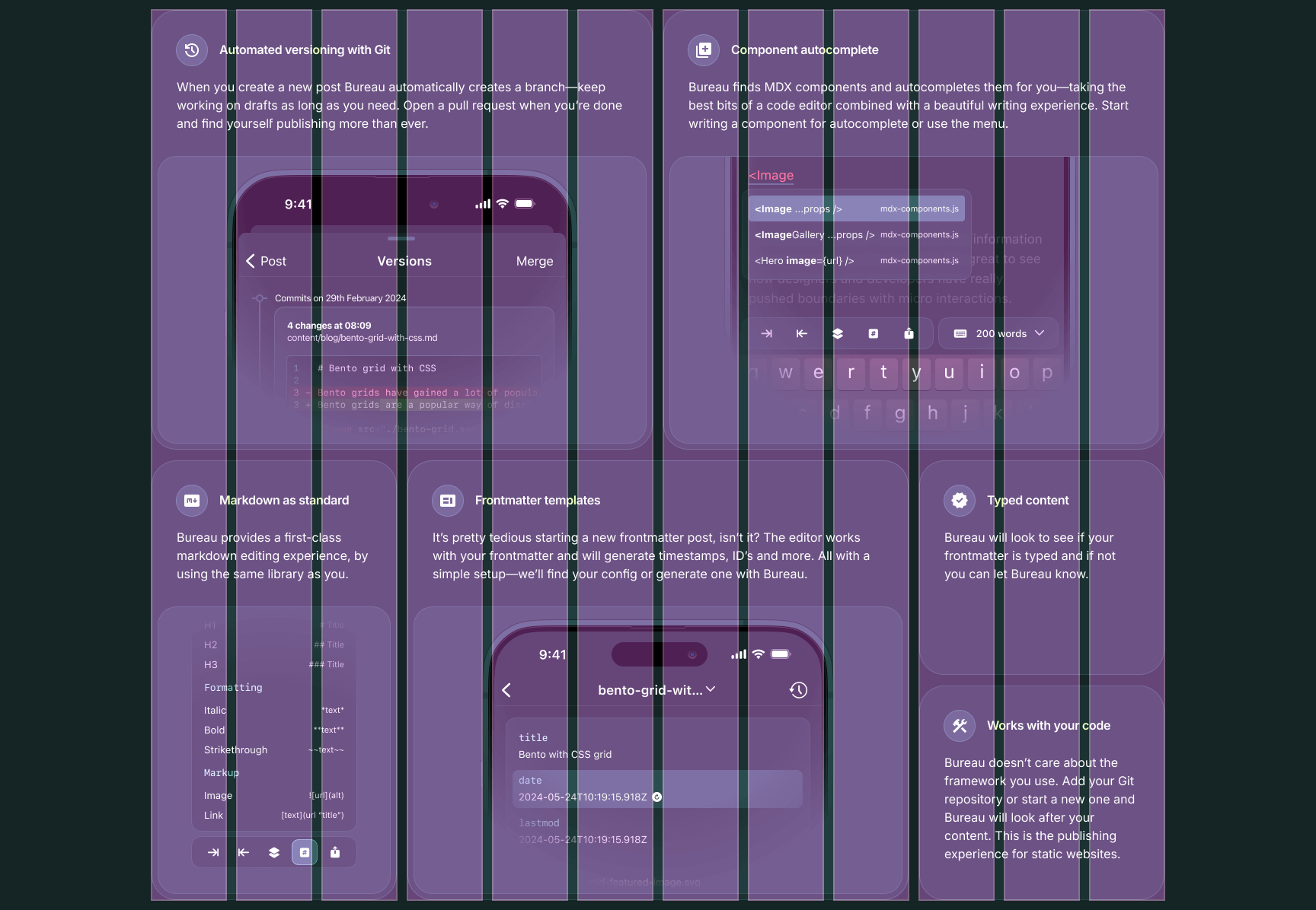 Bento cards with a 12-column grid overlay showing how each card spans the columns