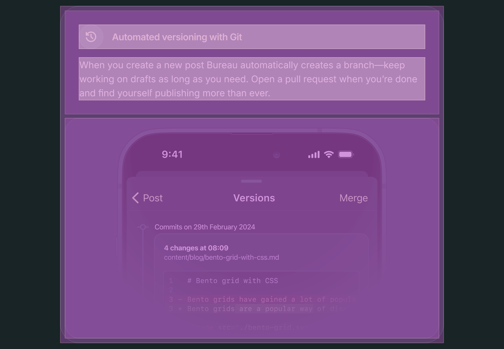A bento card with its heading, description and preview highlighted to show the space around each