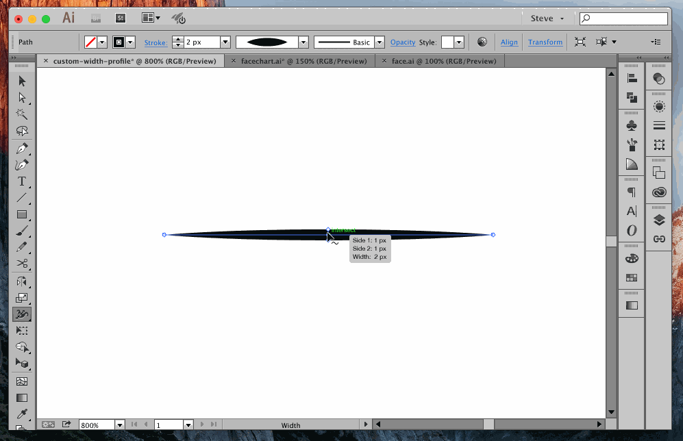 Dragging width points on an existing profile to reshape the stroke