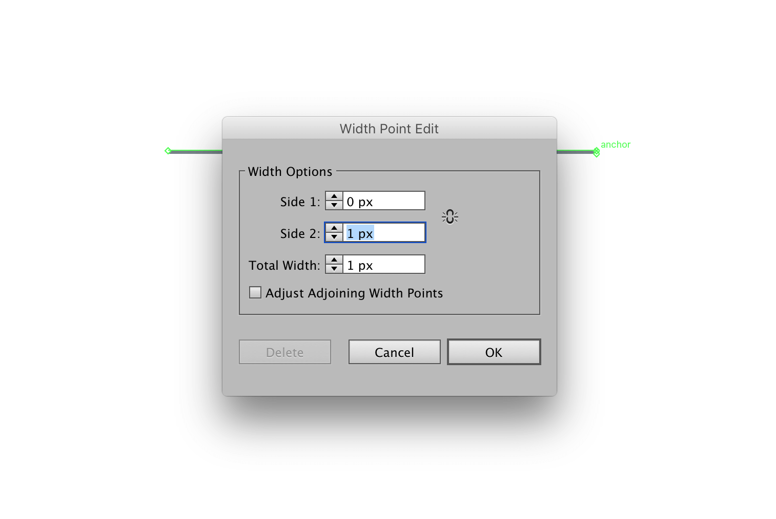 Width Point Edit dialog with Side 1 at 0 px and Side 2 at 1 px