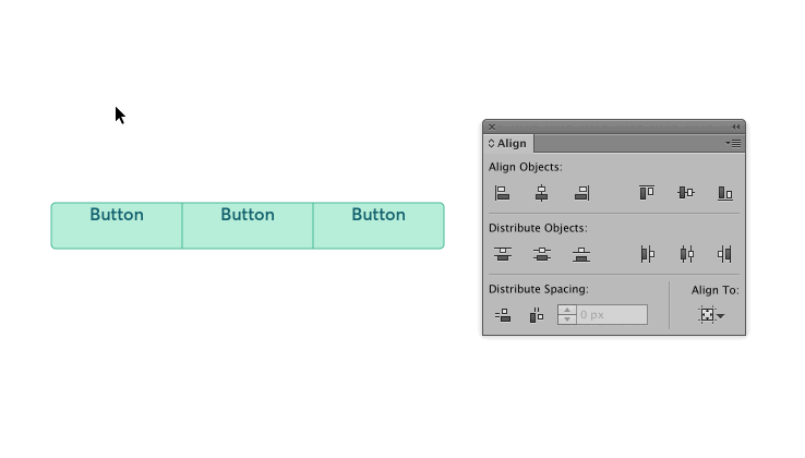 Three buttons selected, with the right-hand one clicked as the key object before Vertical Align Center is applied