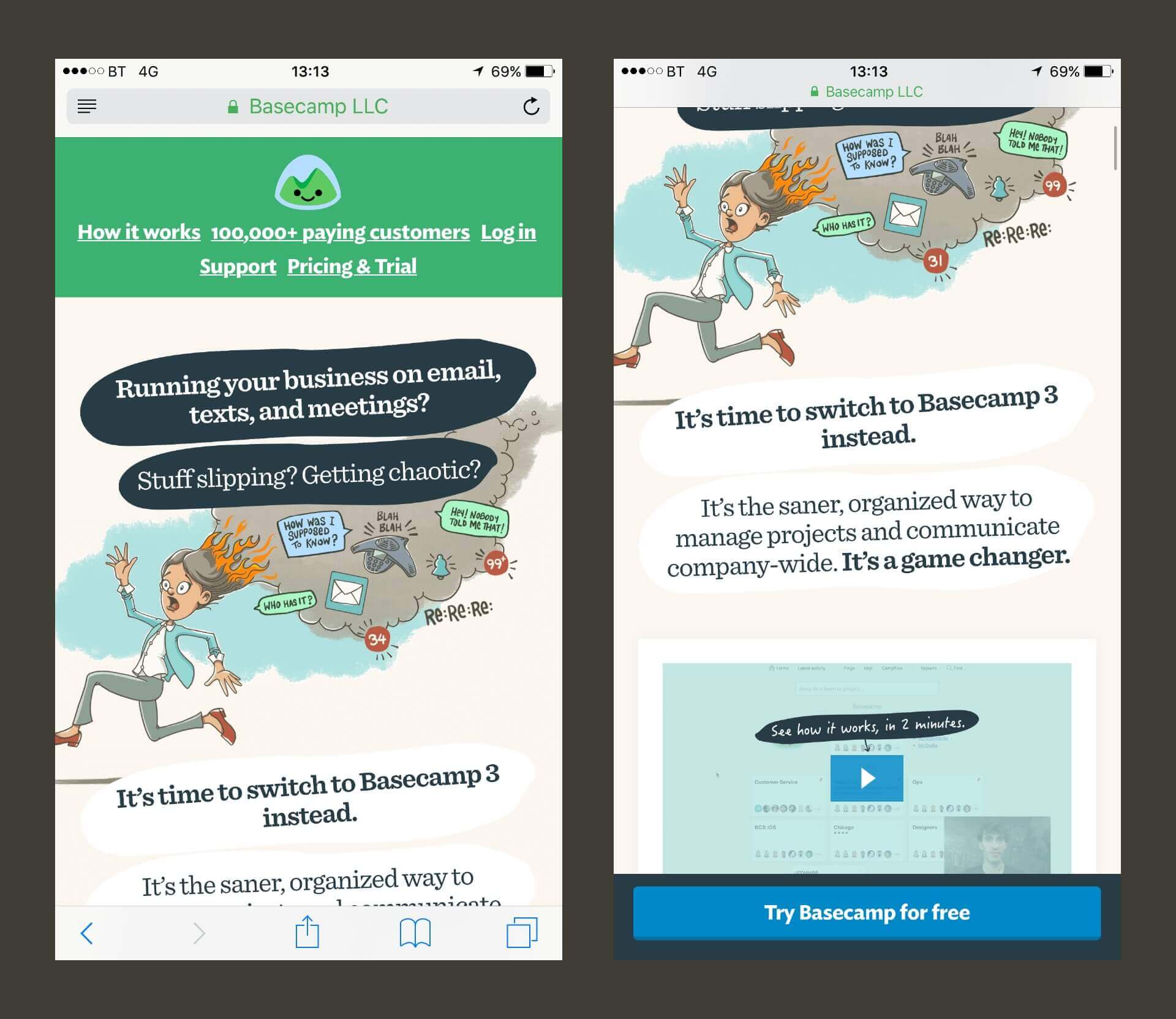Basecamp website navigation as a hamburger menu alternative