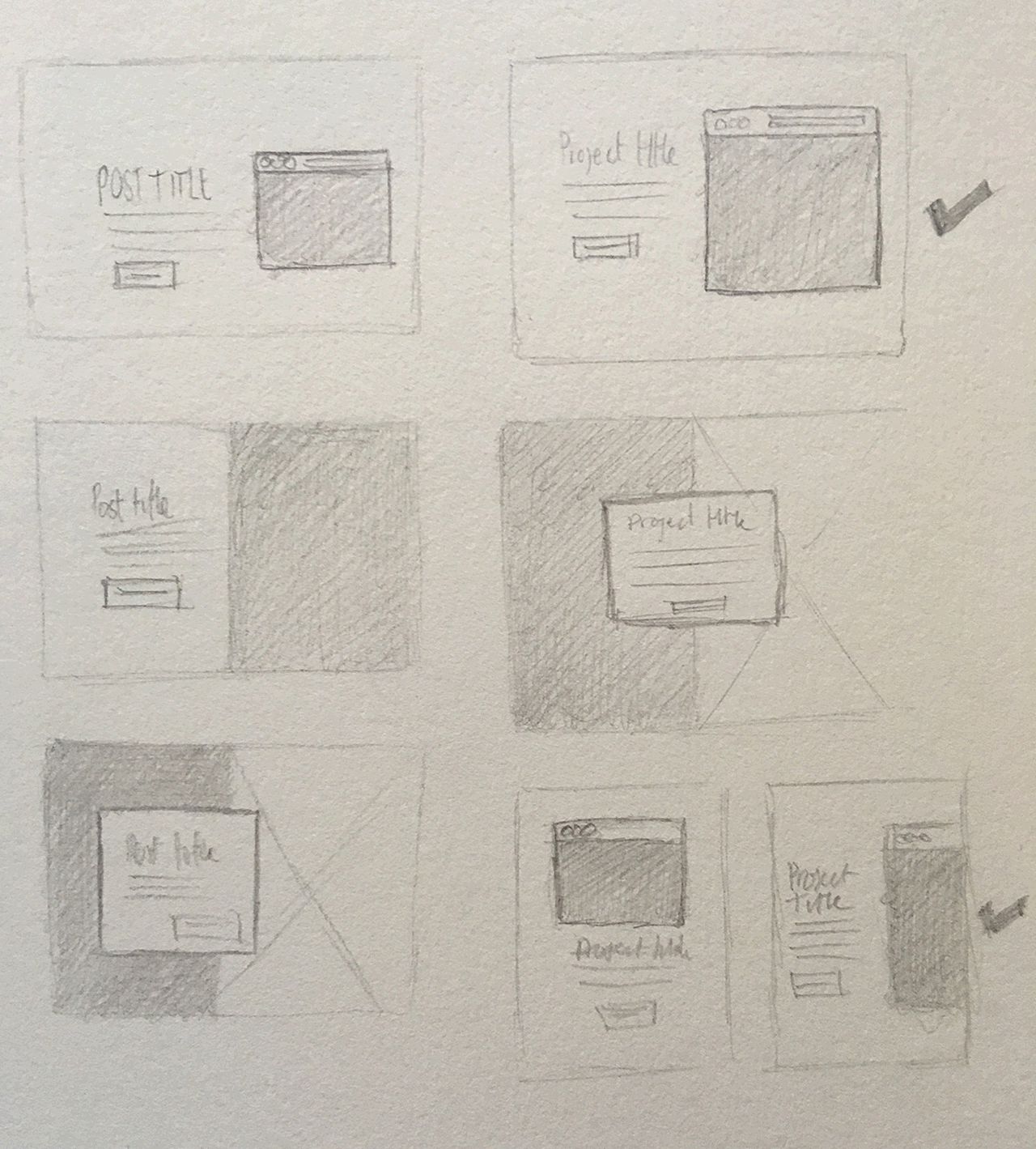 Pencil sketches of small screen hero area layout ideas