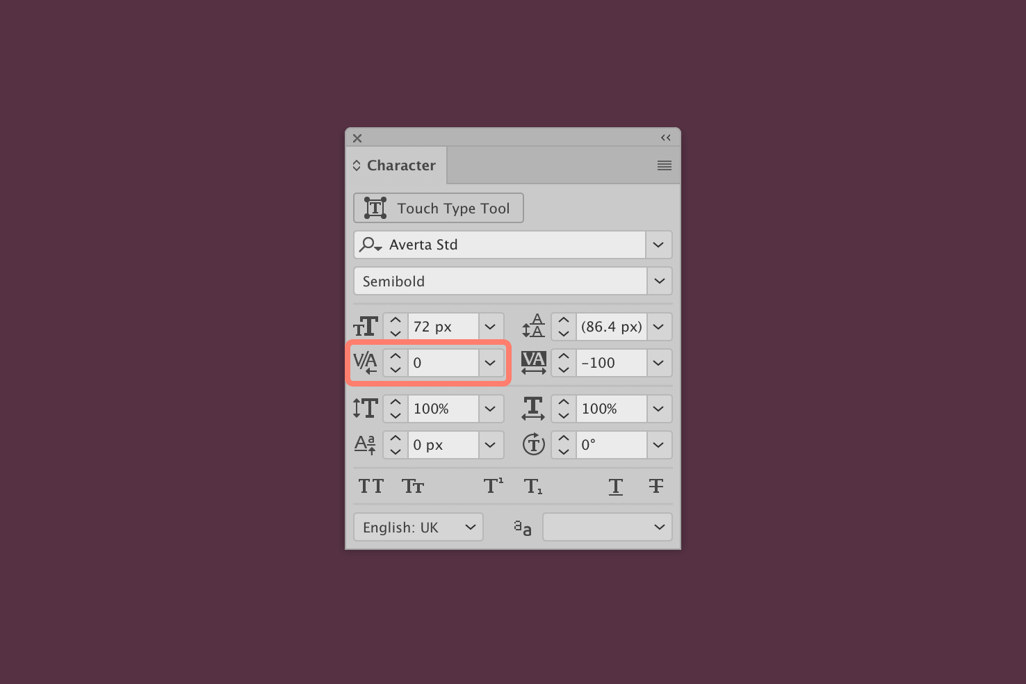 The kerning field in the Illustrator character panel