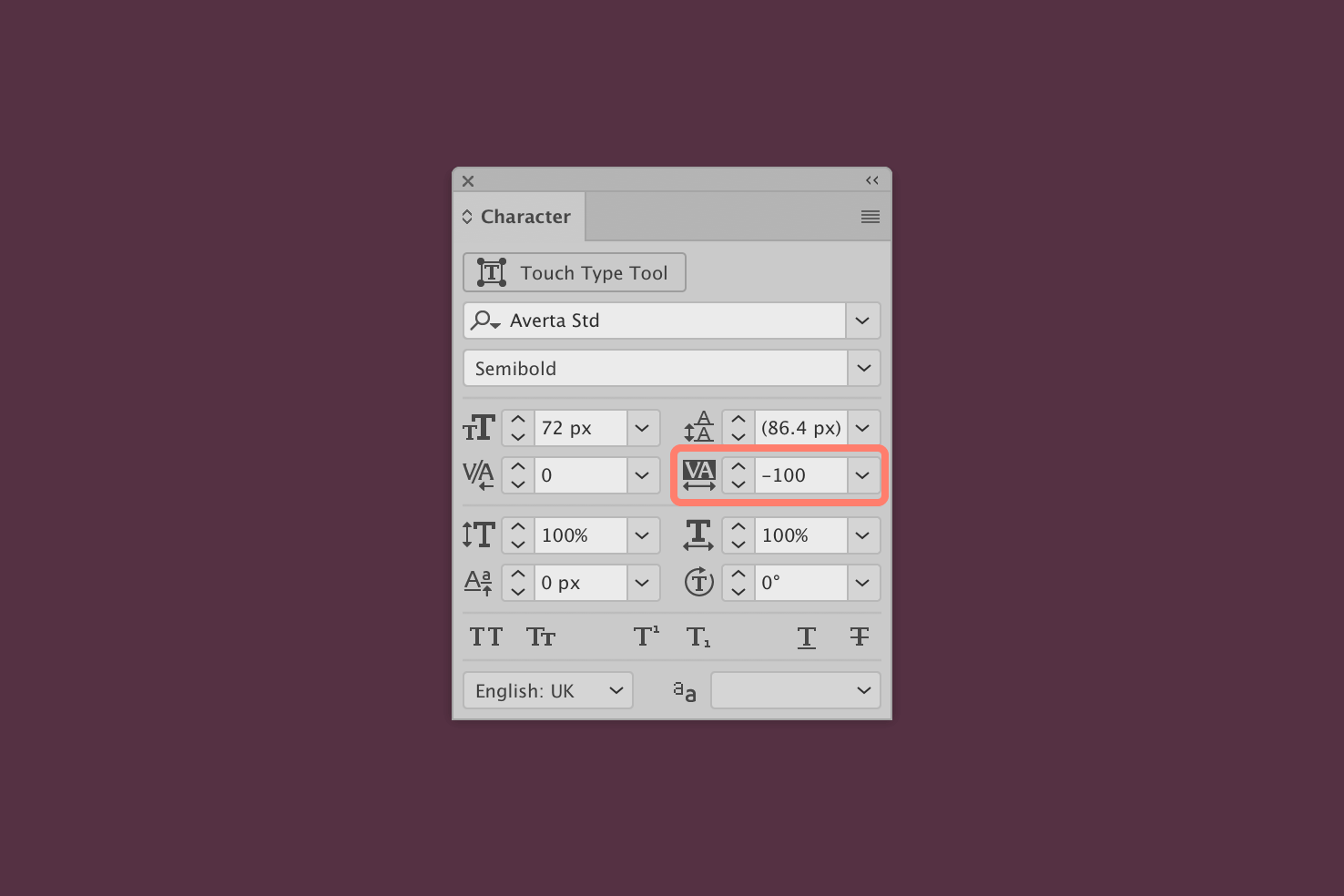 The tracking field in the Illustrator character panel