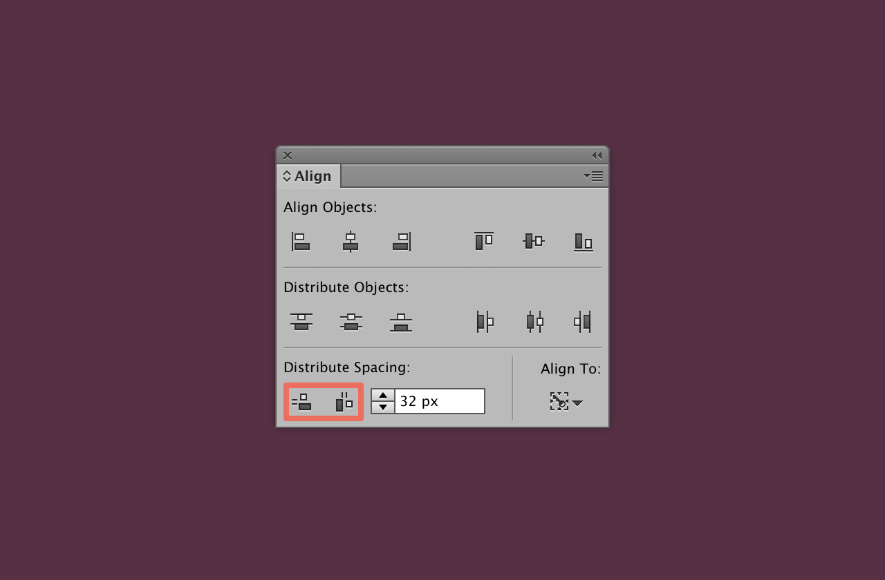 Align panel with the Distribute Spacing buttons highlighted and 32 px entered